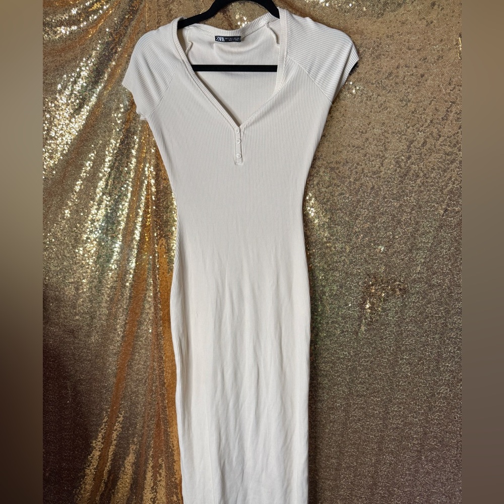 Zara Cream Cap Sleeve Midi Dress - Picture 4 of 5